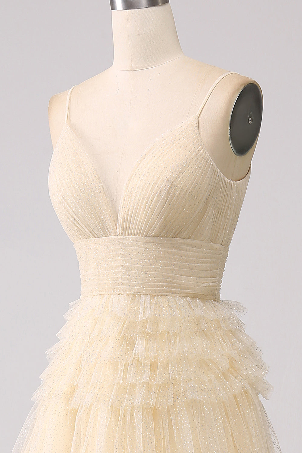 A Line Beige Tulle Spaghetti Straps Sweetheart Prom Dress