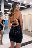Sparkly Lace-Up Black Sequins Spaghetti Straps Tight Homecoming Dress