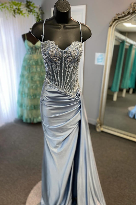 Dusty Blue Spaghetti Straps Sequin Long Prom Dress