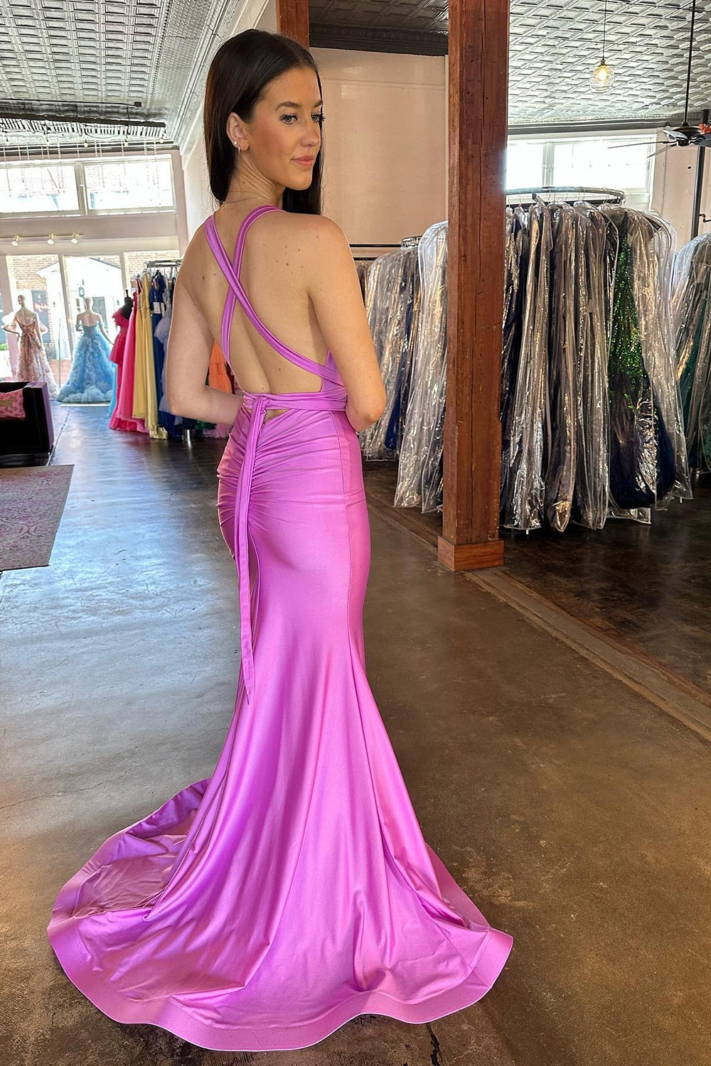 Hot Pink Mermaid V-Neck Floor-Length Prom Dress With Slit