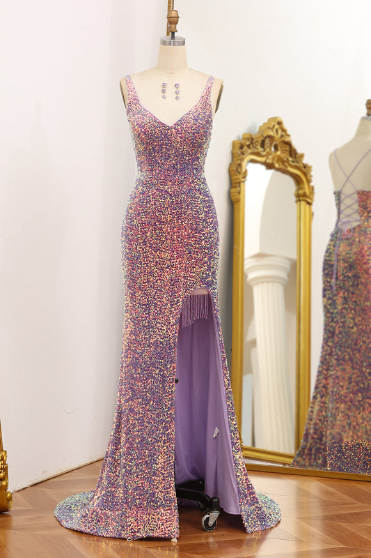 Light Purple Sequins Mermaid V-Neck Prom Dress