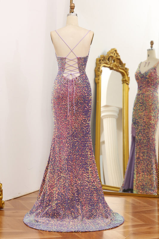 Light Purple Sequins Mermaid V-Neck Prom Dress
