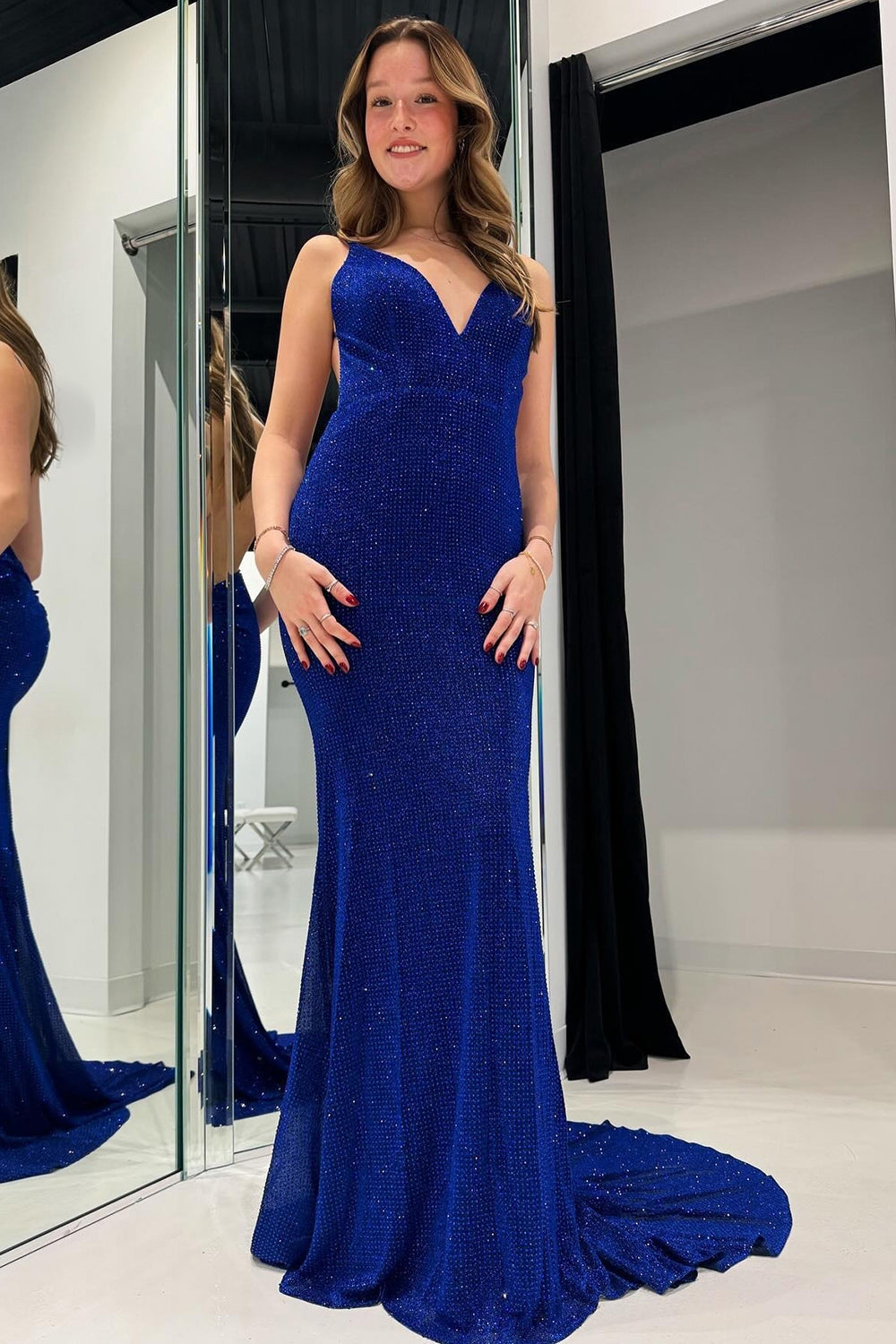 Royal Blue Mermaid Spaghetti Straps Glitter Prom Dress