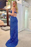 Royal Blue Spaghetti Straps Sequins Embroidery Prom Dress With Slit