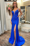 Royal Blue Mermaid Spaghetti Straps Beaded Sweetheart Prom Dress With Slit