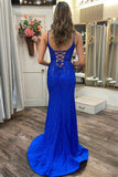 Royal Blue Mermaid Spaghetti Straps Beaded Sweetheart Prom Dress With Slit