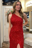 Red Mermaid Sequins One Shoulder Prom Dress With Slit