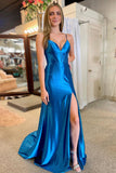 Dark Blue Mermaid Spaghetti Straps Sweetheart Prom Dress With Slit