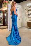 Dark Blue Mermaid Spaghetti Straps Sweetheart Prom Dress With Slit