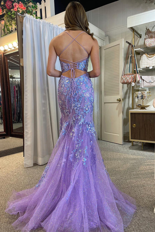 Lilac Mermaid Appliques Spaghetti Straps Prom Dress