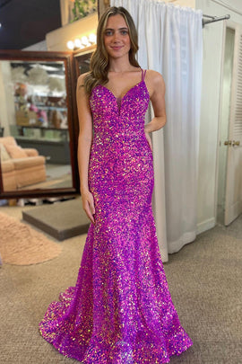 Purple Mermaid Sequins Glitter Spaghetti Straps Prom Dress