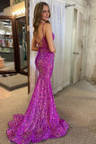 Purple Mermaid Sequins Glitter Spaghetti Straps Prom Dress