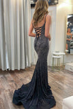 Black Mermaid Glitter Beaded Spaghetti Straps Long Prom Dress