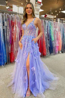 Lavender Appliqued Sequins Tulle Sweetheart Prom Dress With Slit