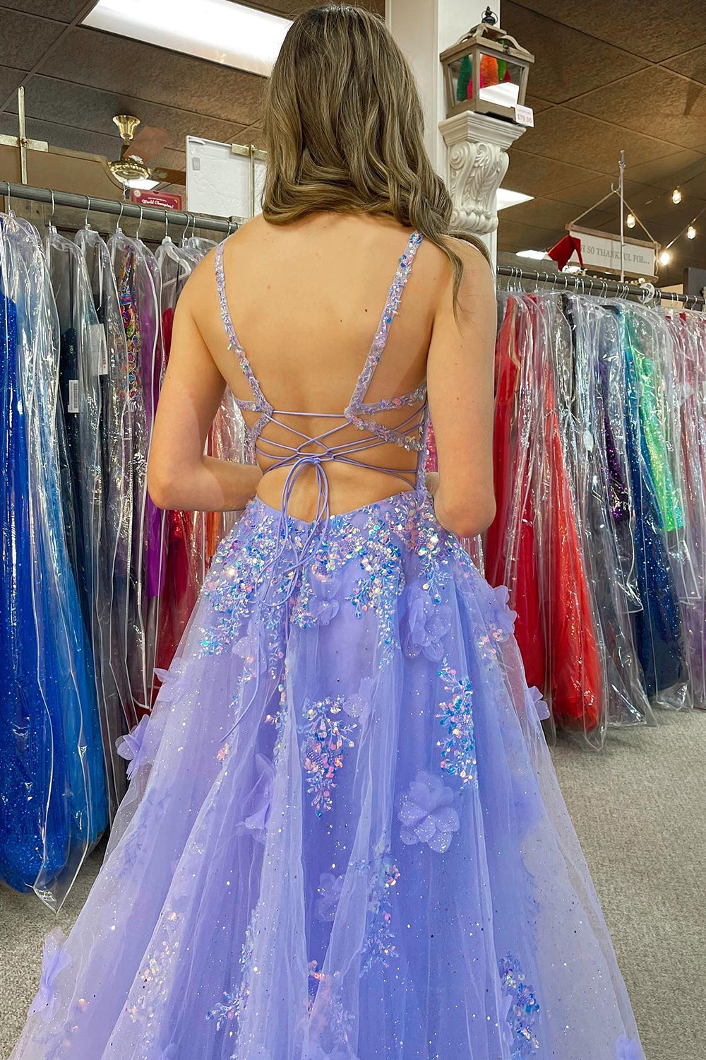 Lavender Appliqued Sequins Tulle Sweetheart Prom Dress With Slit