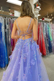 Lavender Appliqued Sequins Tulle Sweetheart Prom Dress With Slit