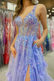 Lavender Appliqued Sequins Tulle Sweetheart Prom Dress With Slit