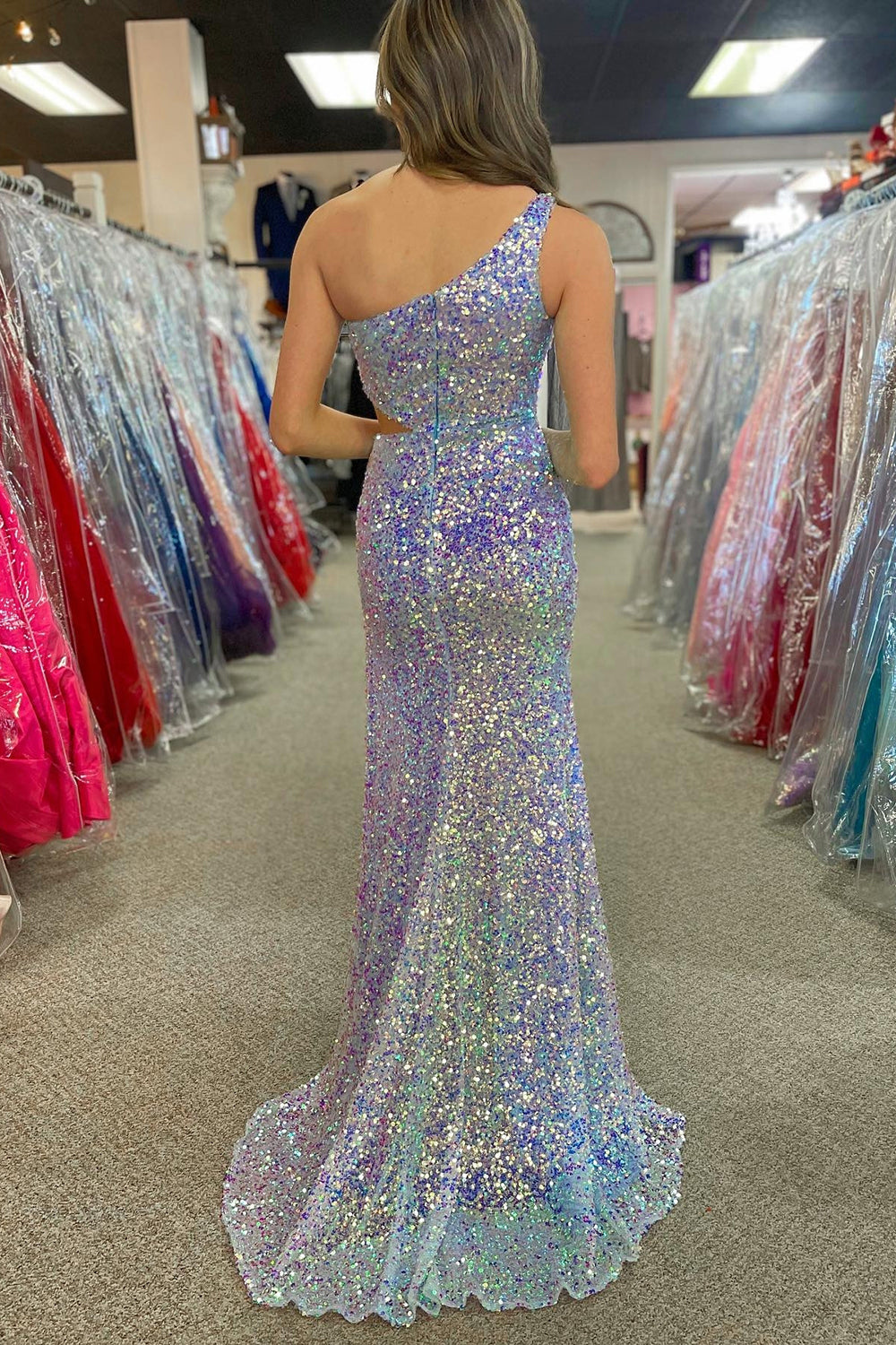 Light Blue Sequins Glitter Mermaid One Shoulder Prom Dress With Slit