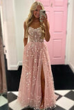 Blush A Line Sweetheart Tulle Long Slit Prom Dress With Pocket