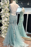 Stunning Mermaid Spaghetti Straps Light Green Corset Prom Dress with Appliques