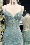 Stunning Mermaid Spaghetti Straps Light Green Corset Prom Dress with Appliques