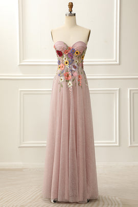 Strapless Blush Sparkly Prom Dress with 3D Flowers