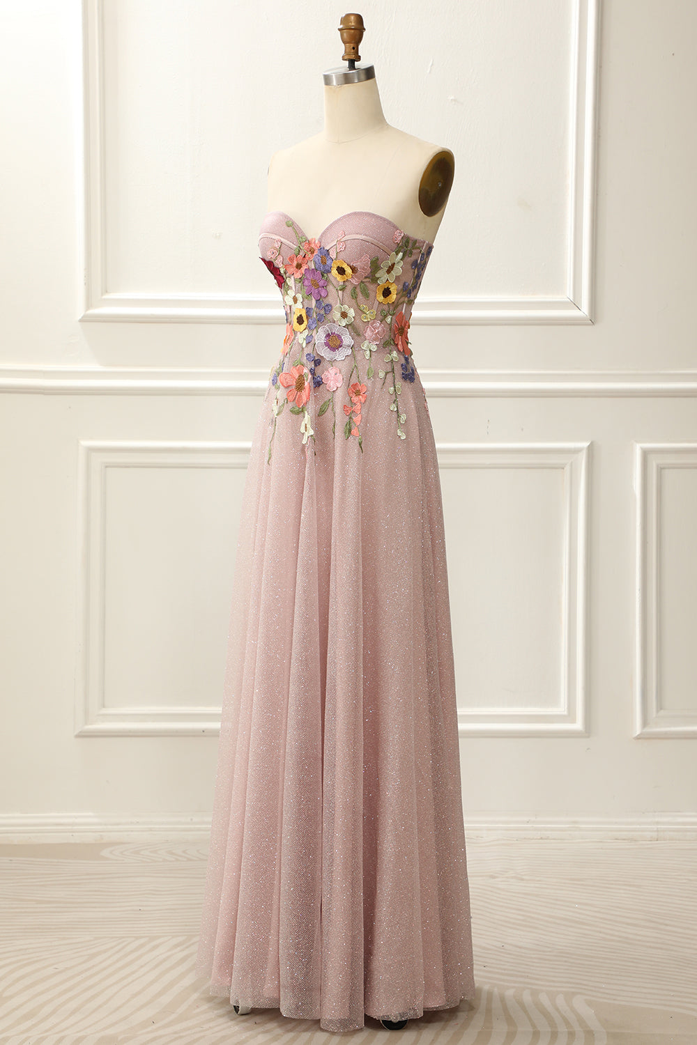 Strapless Blush Sparkly Prom Dress with 3D Flowers