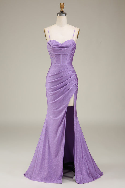 Lilac Mermaid Spaghetti Straps Satin Corset Prom Dress with Slit