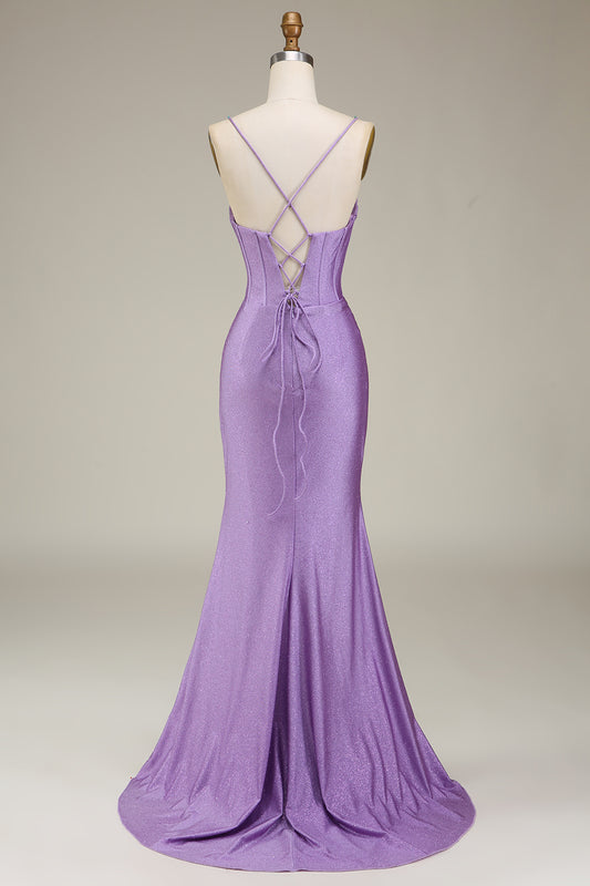 Lilac Mermaid Spaghetti Straps Satin Corset Prom Dress with Slit