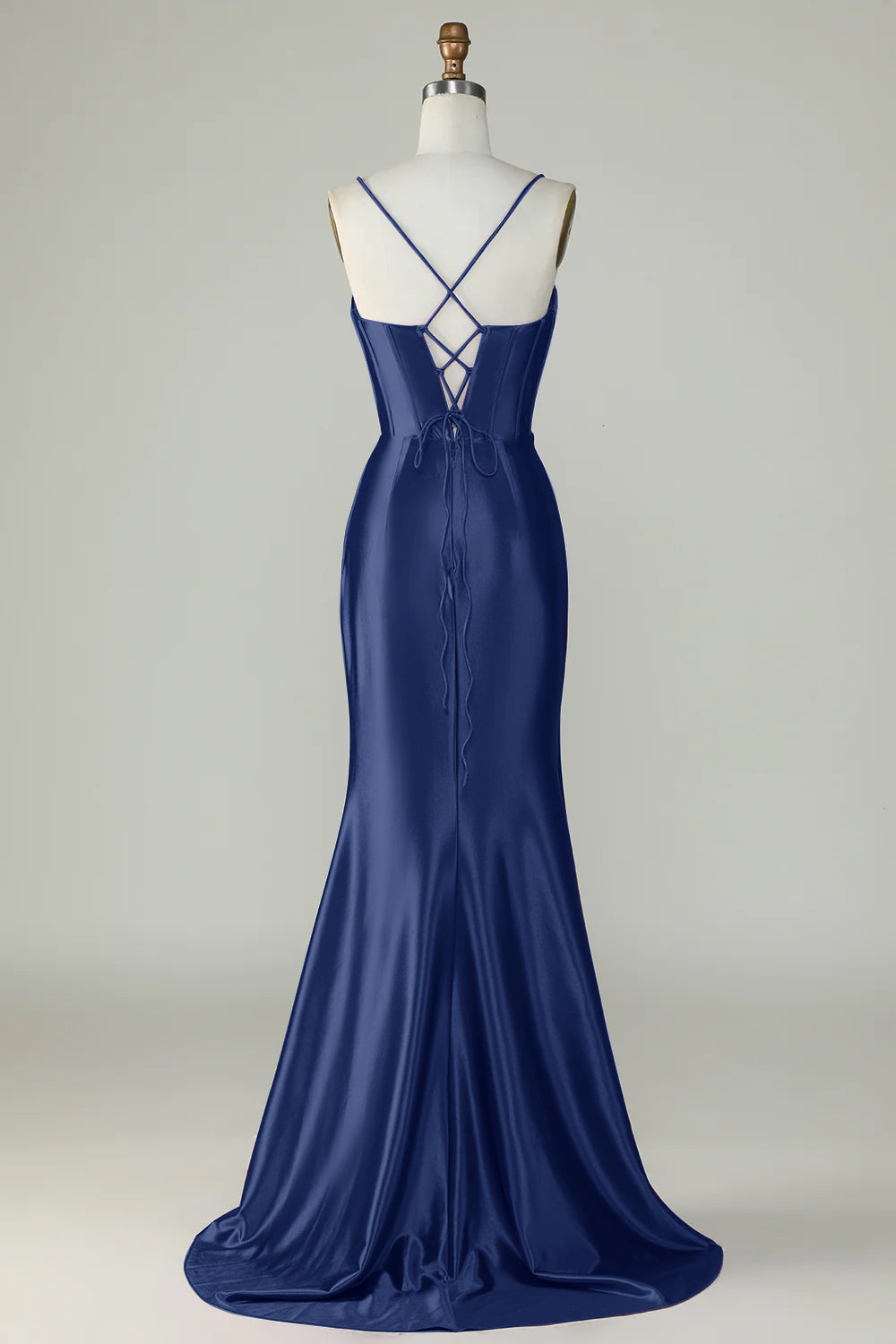 Navy Blue Spaghetti Straps Mermaid Long Prom Dress With Slit