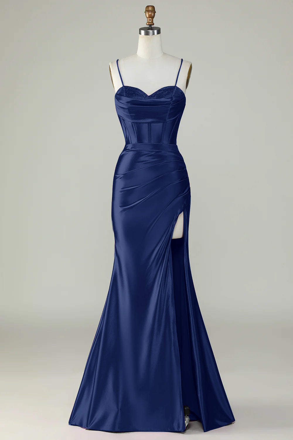 Navy Blue Spaghetti Straps Mermaid Long Prom Dress With Slit