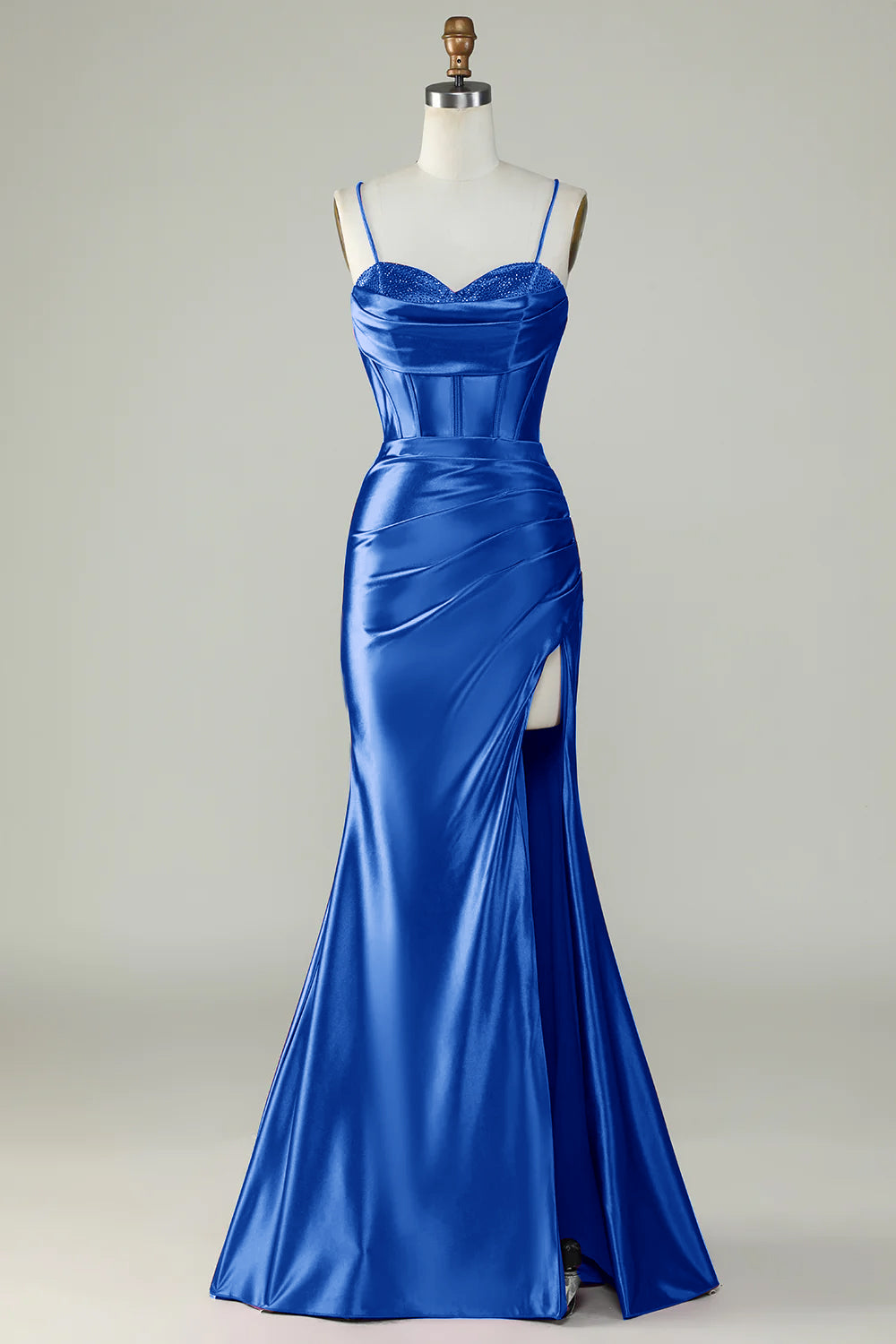 Navy Blue Spaghetti Straps Mermaid Long Prom Dress With Slit