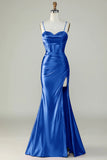 Navy Blue Spaghetti Straps Mermaid Long Prom Dress With Slit