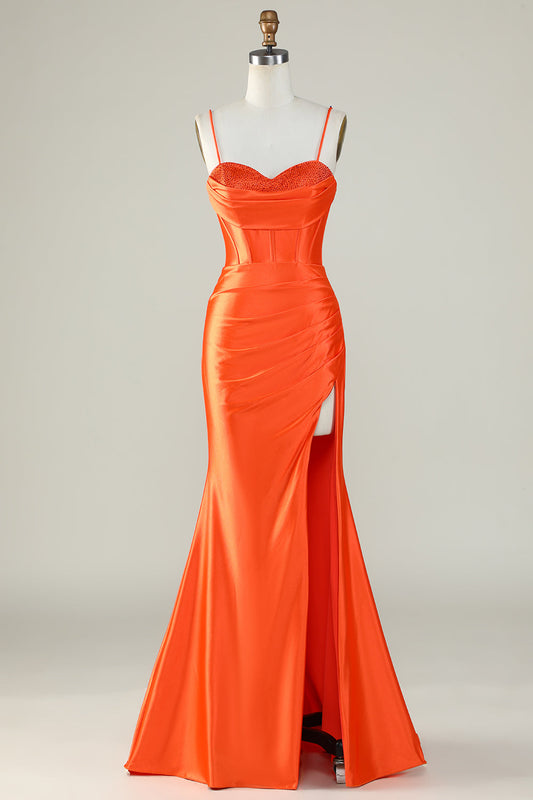 Orange Mermaid Spaghetti Straps Long Prom Dress