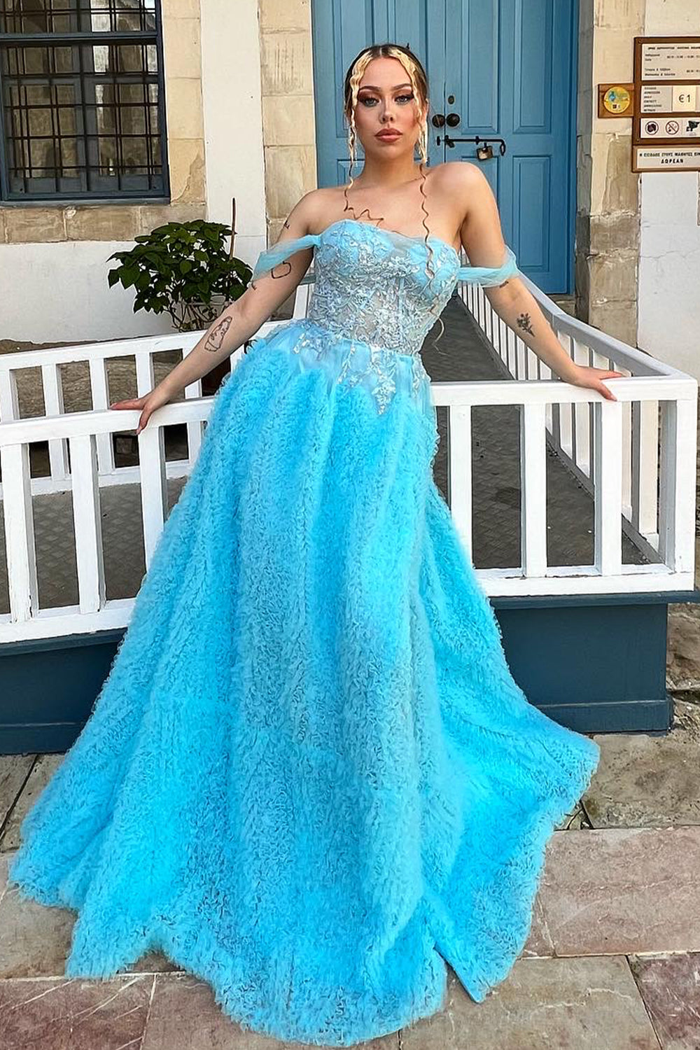 Off the Shoulder Blue A Line Princess Corset Prom Dress with Slit