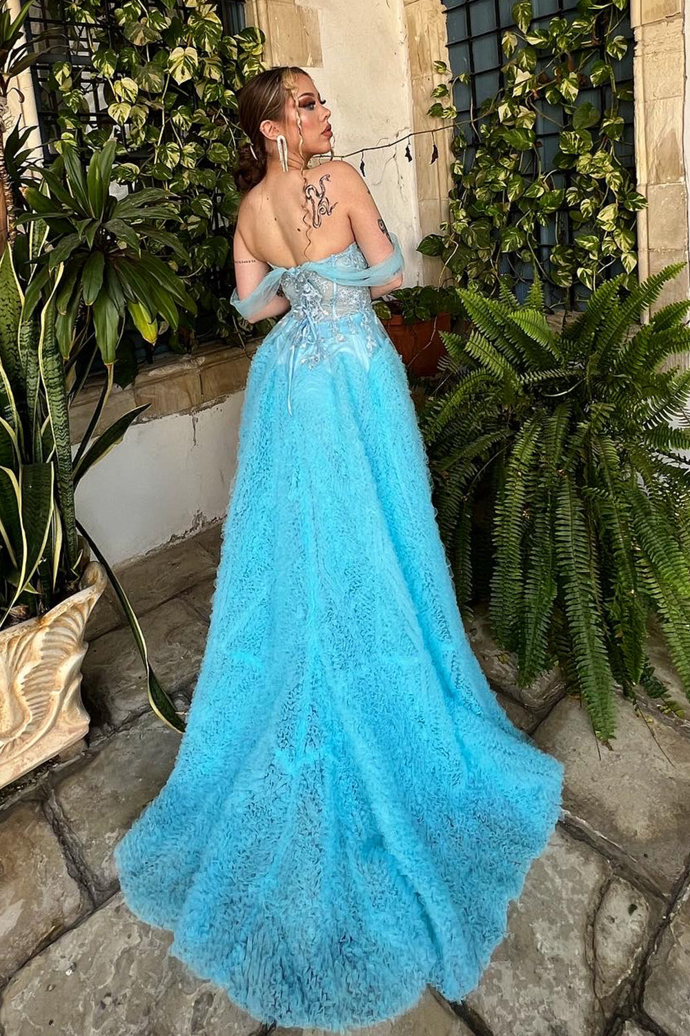 Off the Shoulder Blue A Line Princess Corset Prom Dress with Slit