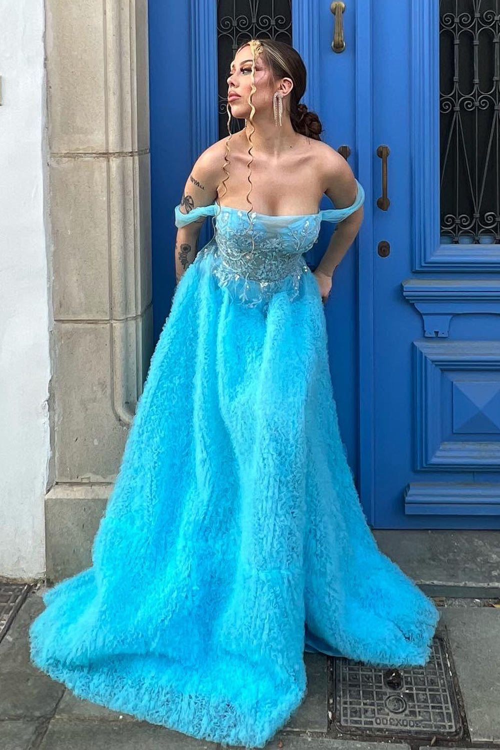 Off the Shoulder Blue A Line Princess Corset Prom Dress with Slit