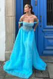 Off the Shoulder Blue A Line Princess Corset Prom Dress with Slit