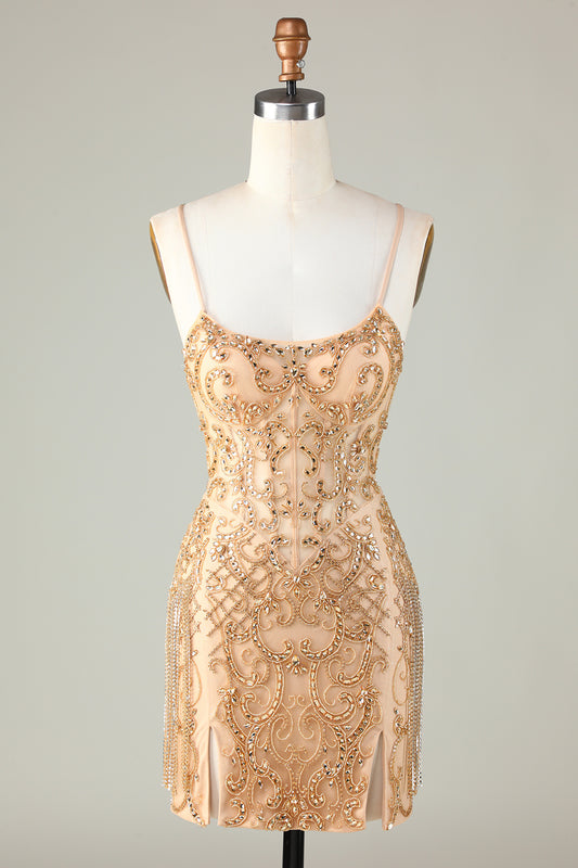 Spaghetti Straps Tight Glitter Golden Homecoming Dress with Beading