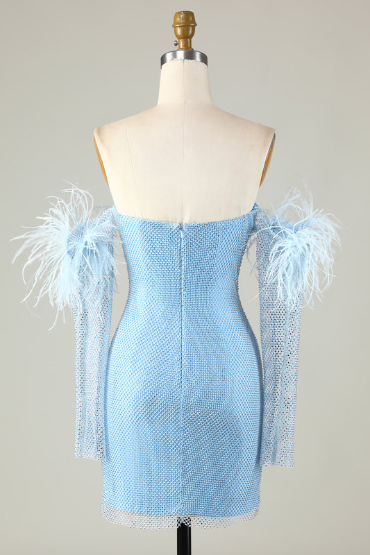 Detachable Sleeves Tight Blue Homecoming Dress with Feathers