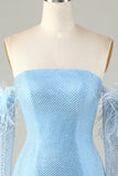 Detachable Sleeves Tight Blue Homecoming Dress with Feathers
