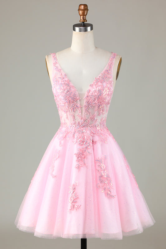 Pink Cute Sparkly Homecoming Dress with Sequins Appliques