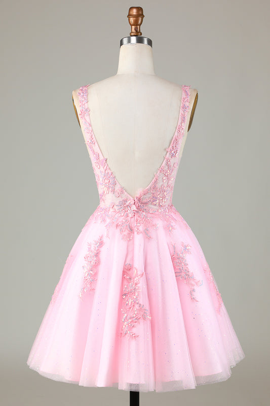 Pink Cute Sparkly Homecoming Dress with Sequins Appliques