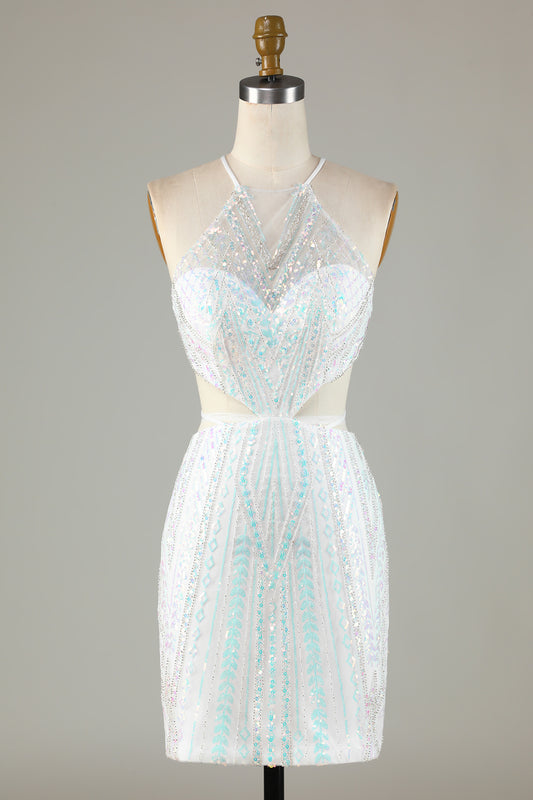 White Halter Sparkly Homecoming Dress with Lace-up Back