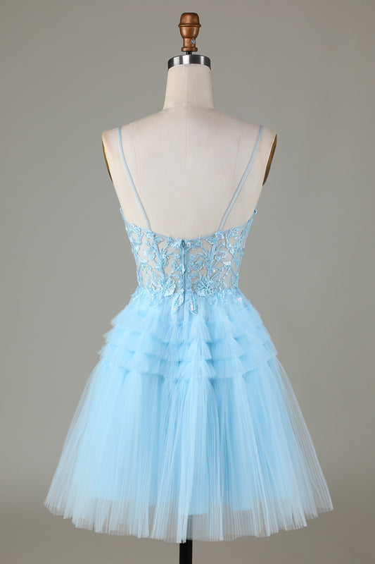 A Line Blue Cute Homecoming Dress with Appliques