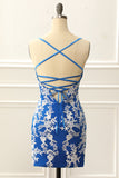 Spaghetti Straps Blue Tight Homecoming Dress with Appliques