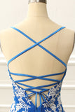 Spaghetti Straps Blue Tight Homecoming Dress with Appliques