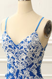 Spaghetti Straps Blue Tight Homecoming Dress with Appliques