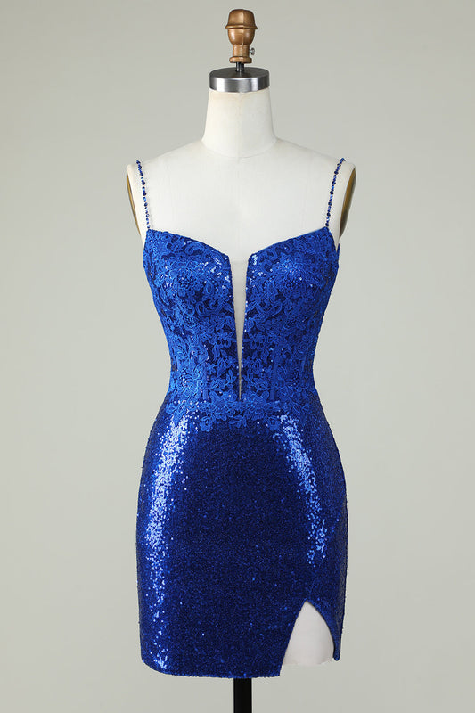Spaghetti Straps Royal Blue Tight Seuqins Homecoming Dress with Appliques