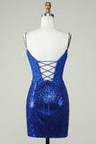 Spaghetti Straps Royal Blue Tight Seuqins Homecoming Dress with Appliques